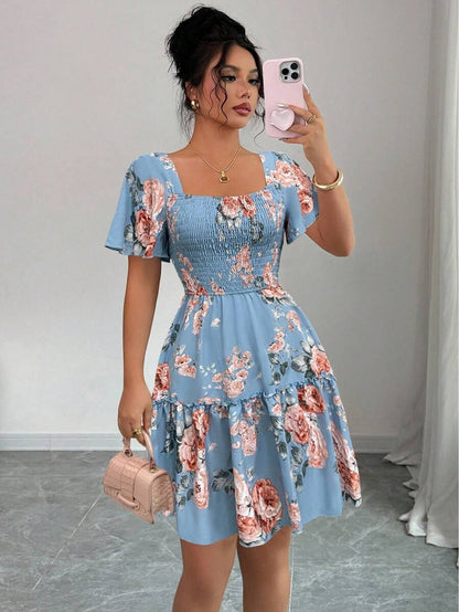 Elenzga Women Floral Print Sashes Ruffle Hem Short Sleeve Casual Dress, Vacation Style