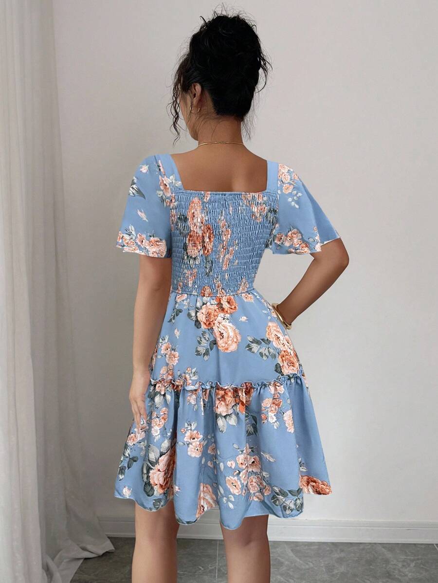 Elenzga Women Floral Print Sashes Ruffle Hem Short Sleeve Casual Dress, Vacation Style