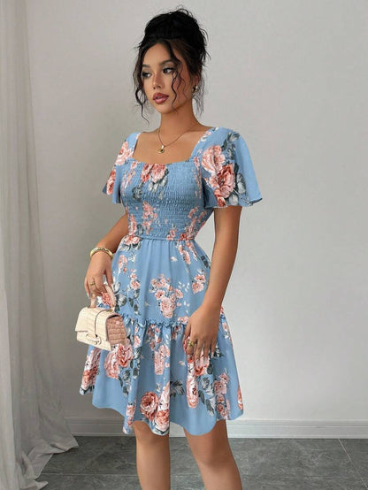 Elenzga Women Floral Print Sashes Ruffle Hem Short Sleeve Casual Dress, Vacation Style