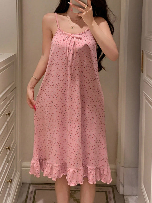 Floral Minimalist Daily Wear Sleeveless Ruffle Hem Women's Nightgown Pajama
