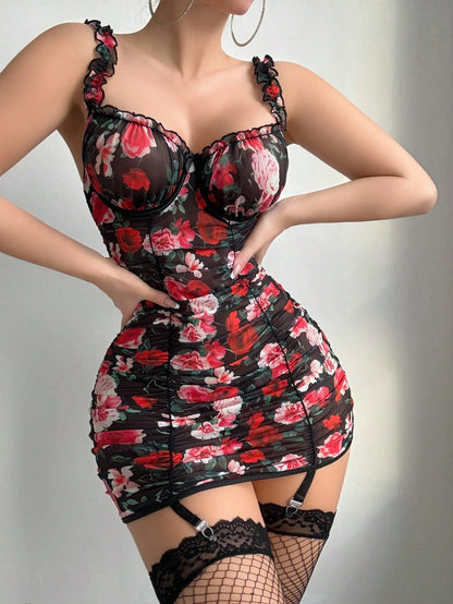 Vintage Rose Ruffle Tie Front Chemise Nightgown  2pcs Fishnet Stockings