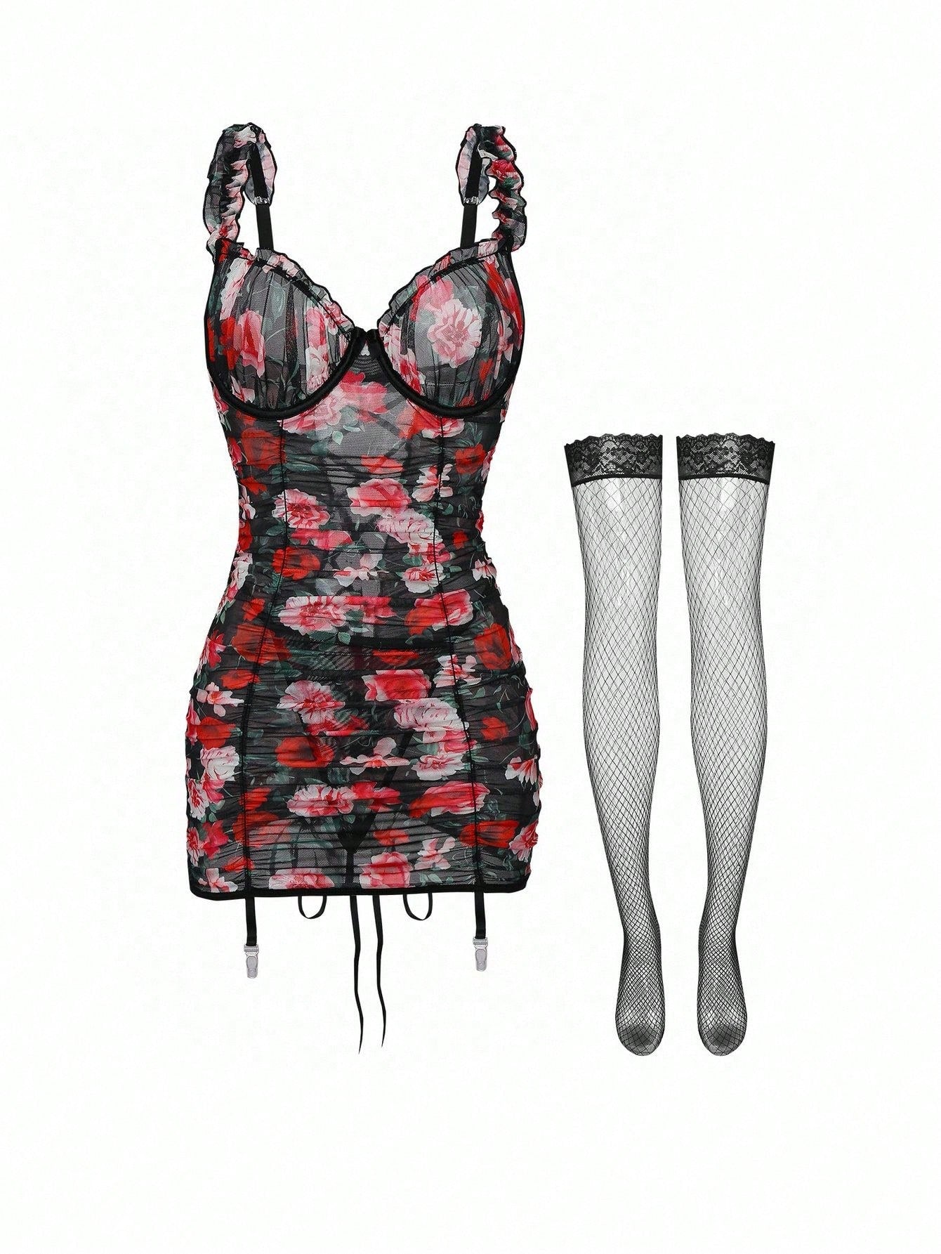 Vintage Rose Ruffle Tie Front Chemise Nightgown  2pcs Fishnet Stockings