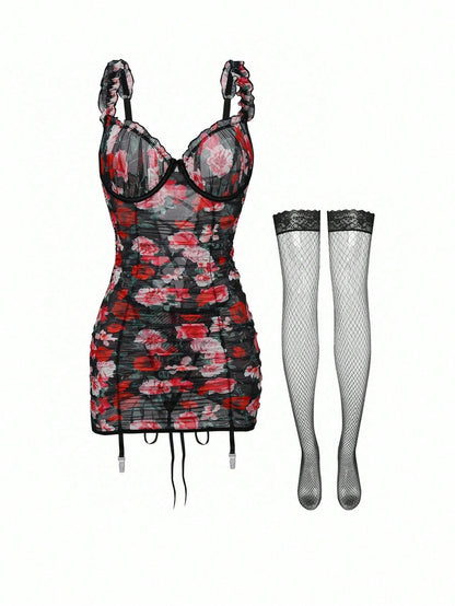 Vintage Rose Ruffle Tie Front Chemise Nightgown  2pcs Fishnet Stockings