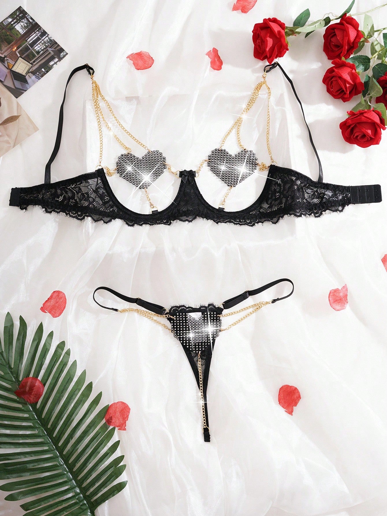 Gorgeous Fantasy Black Lingerie Set With Rhinestone Hearts And Sheer Knitted Fabric, Going Out
