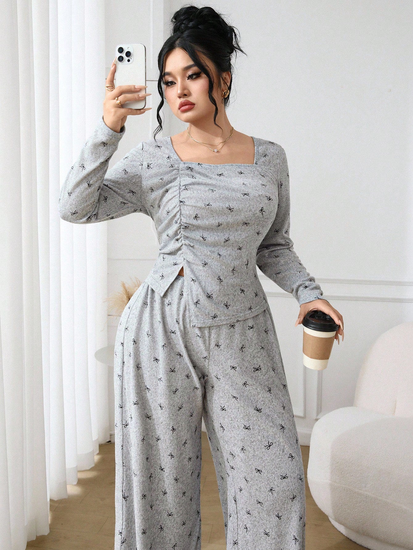Casual Long Sleeve Top And Loose Pants 2 Pieces Set بيجامه قطن