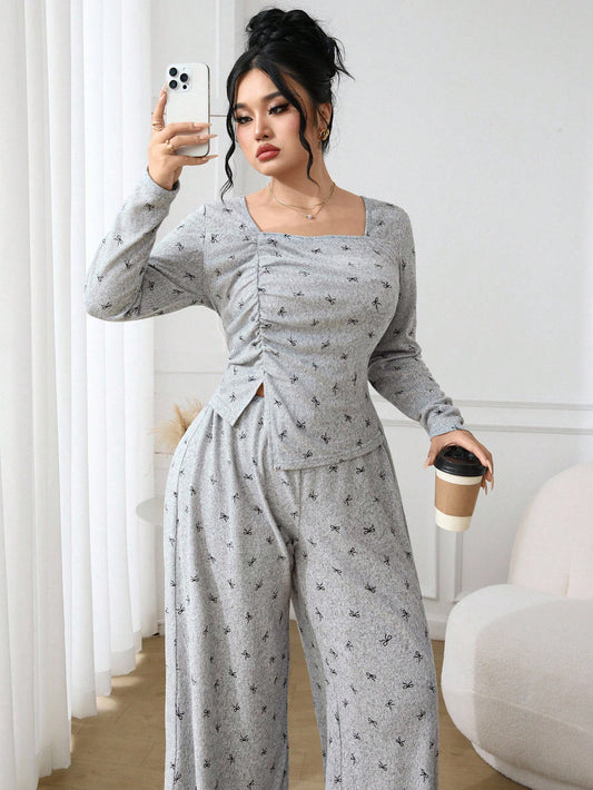 Casual Long Sleeve Top And Loose Pants 2 Pieces Set بيجامه قطن