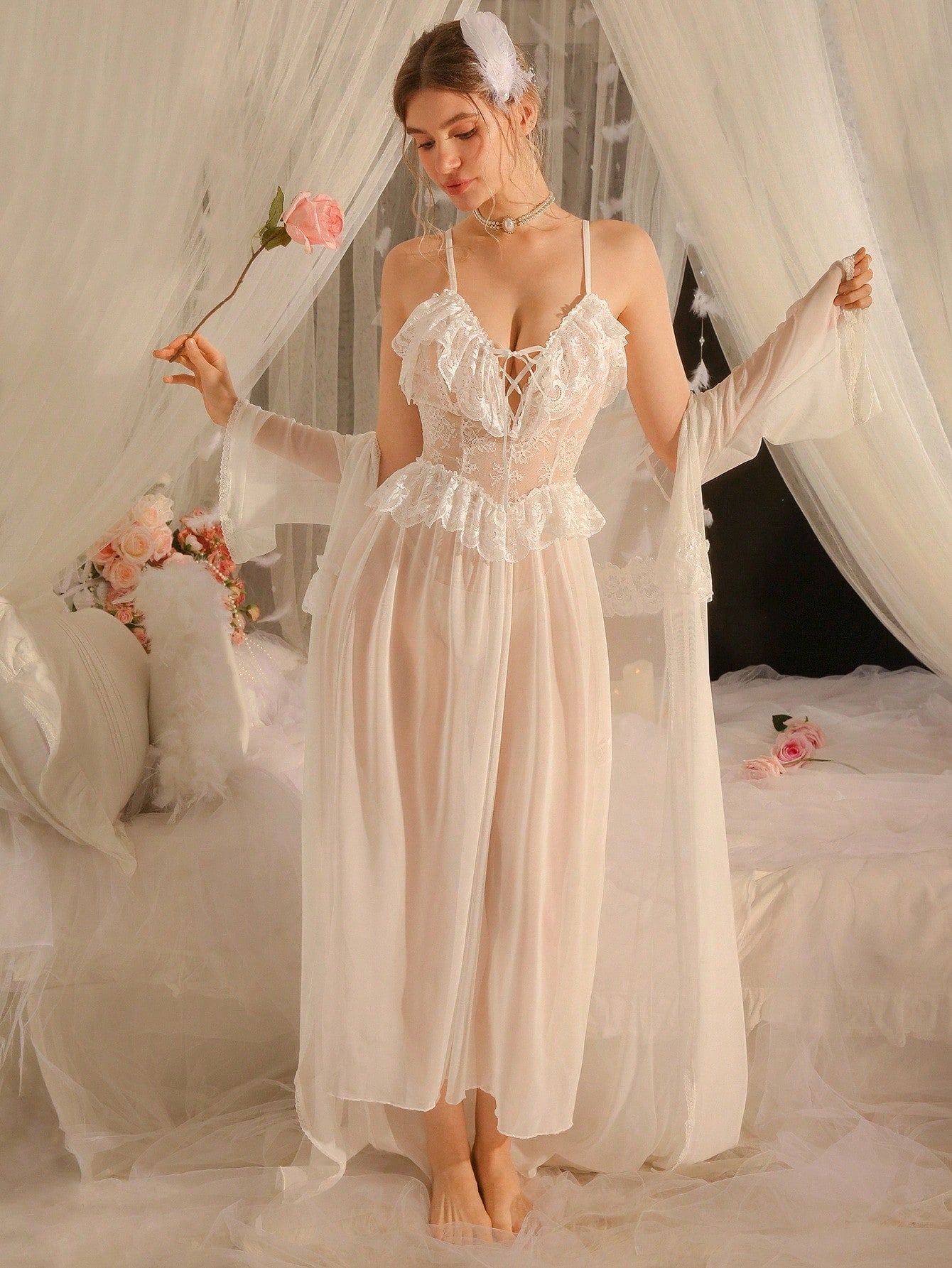 White Mesh Fabric Robe Set With Long Flare Sleeves And Spaghetti Strap Midi Nightgown Featuring Contrast Lace Nightgown