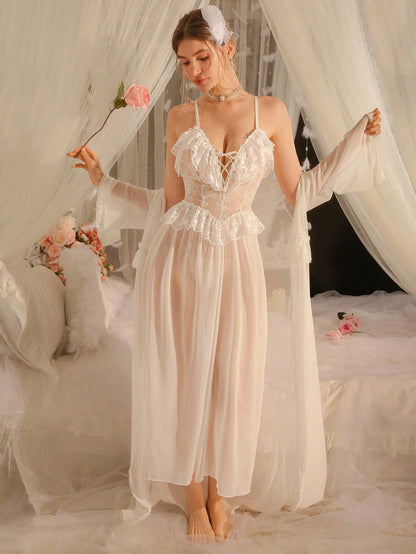 White Mesh Fabric Robe Set With Long Flare Sleeves And Spaghetti Strap Midi Nightgown Featuring Contrast Lace Nightgown