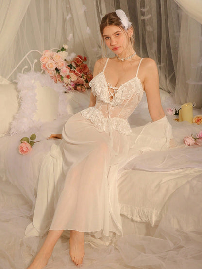 White Mesh Fabric Robe Set With Long Flare Sleeves And Spaghetti Strap Midi Nightgown Featuring Contrast Lace Nightgown
