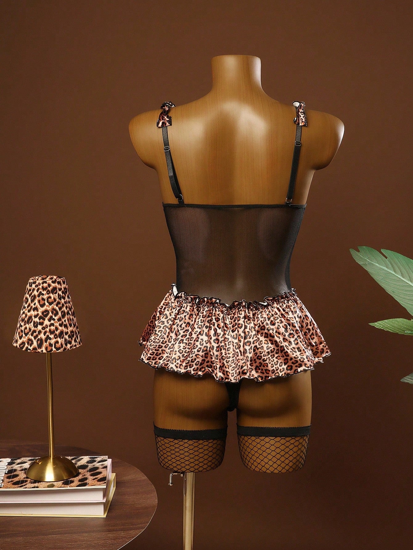 4pcs Set Leopard Print Mesh Patchwork Ruffle Trim Plunge Neck Tie Up Sexy Bodysuit For Women