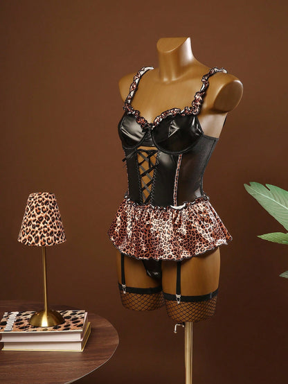 4pcs Set Leopard Print Mesh Patchwork Ruffle Trim Plunge Neck Tie Up Sexy Bodysuit For Women