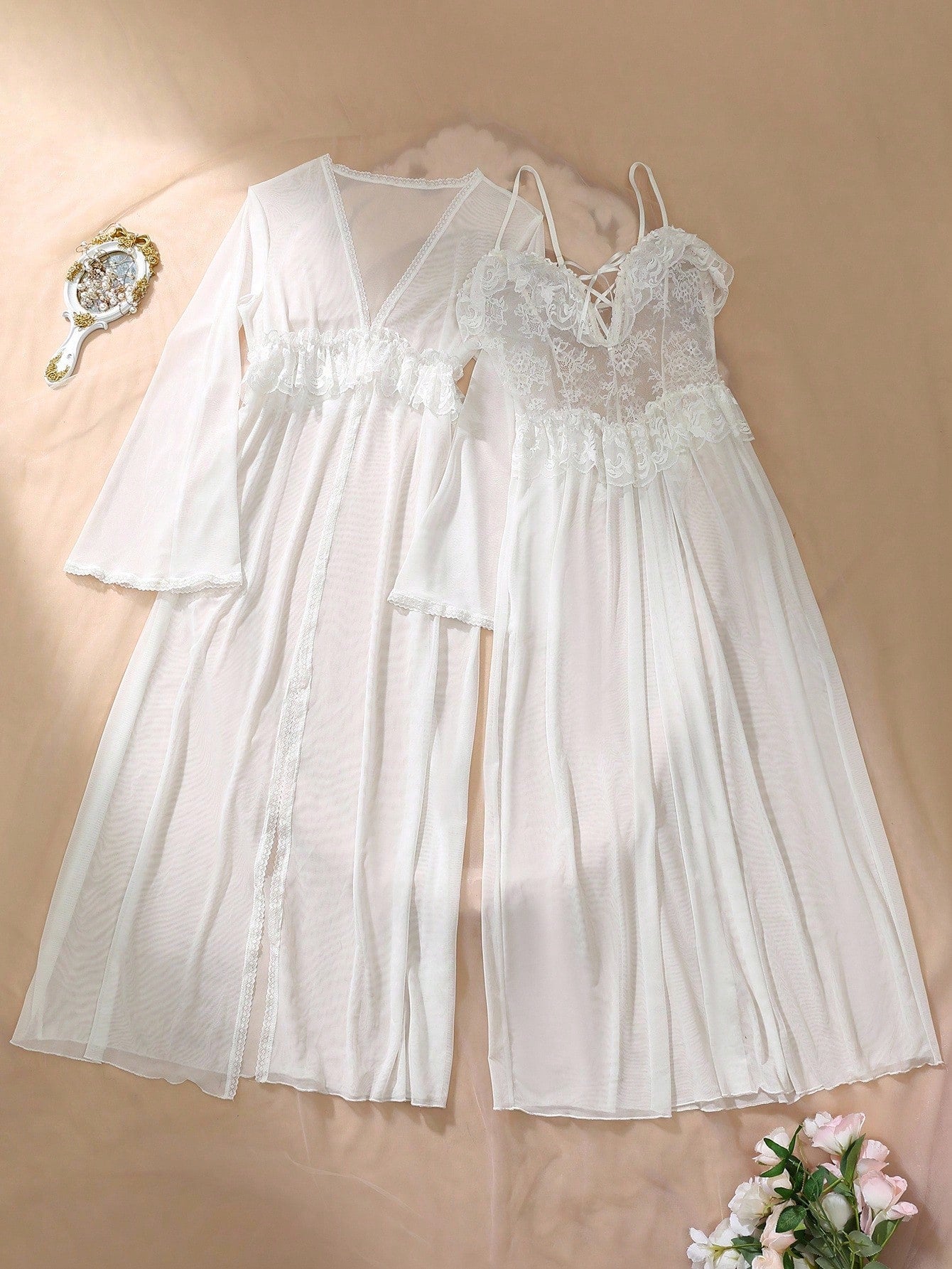 White Mesh Fabric Robe Set With Long Flare Sleeves And Spaghetti Strap Midi Nightgown Featuring Contrast Lace Nightgown