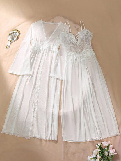 White Mesh Fabric Robe Set With Long Flare Sleeves And Spaghetti Strap Midi Nightgown Featuring Contrast Lace Nightgown