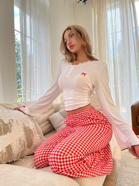 2pcs Sexy Knit Long Sleeve Top And Plaid Pants Pajama Set, Spring