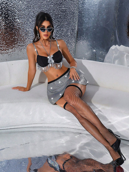 sexy Lingerie Set With Alluring Design Tassel Necklace Chain & Colorful Skirt For Women