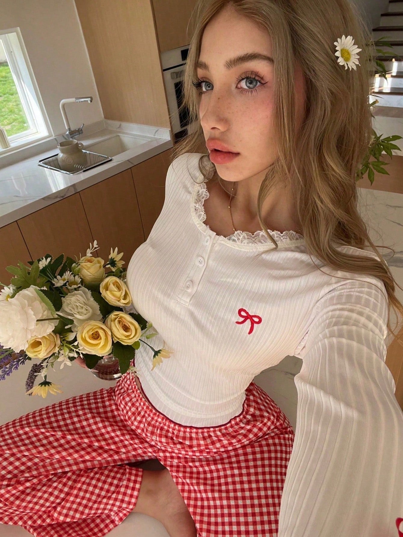 2pcs Sexy Knit Long Sleeve Top And Plaid Pants Pajama Set, Spring