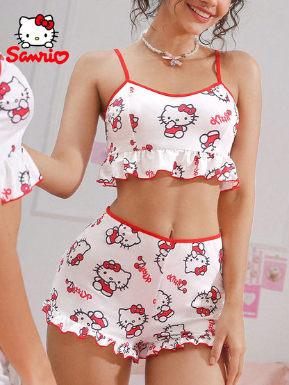 Red&White,Tank Top And Pants,Cherry &Letter Print,Spring &Summer, Sleepwear,Cute Sleep Set