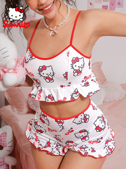 Red&White,Tank Top And Pants,Cherry &Letter Print,Spring &Summer, Sleepwear,Cute Sleep Set