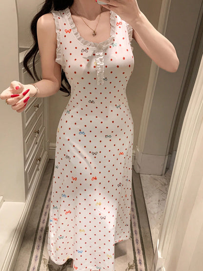 Polka Dot Bow Decor Fully Allover Print Ruched Flounce Trim