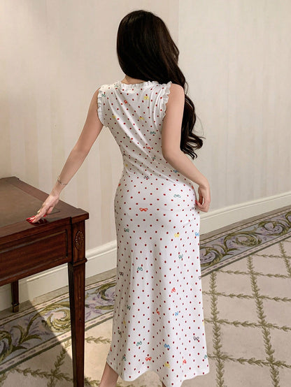 Polka Dot Bow Decor Fully Allover Print Ruched Flounce Trim