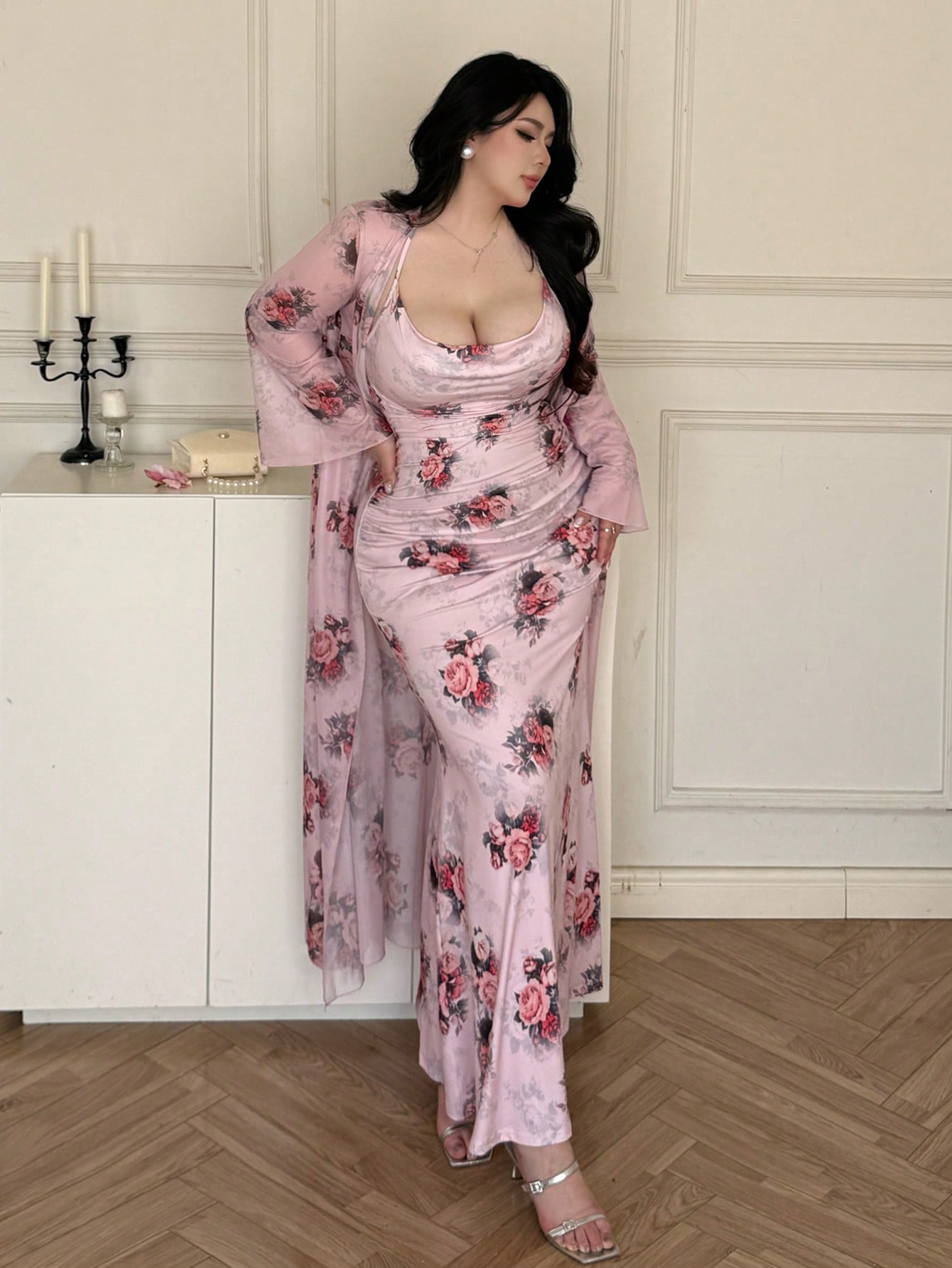 Size Open Front Mesh Floral Print Long Shirt + Elegant Vintage Rose Print Maxi Skirt Sexy 2 Piece (CURVY)