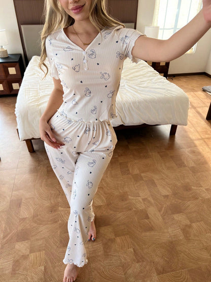 ZzzCrew Multicolor Rib Knit Women's Pajama Set With Cute Letter Pattern V Neck Short Sleeve Top