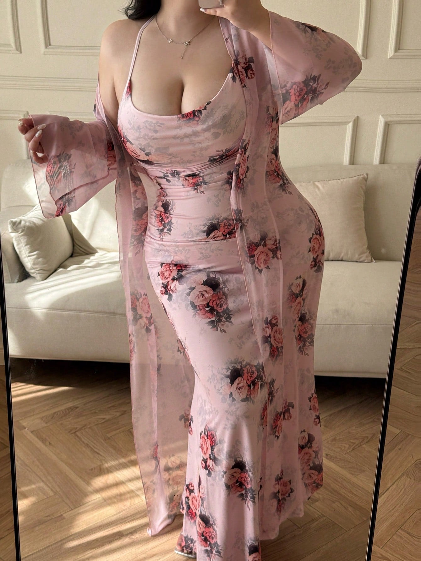 Size Open Front Mesh Floral Print Long Shirt + Elegant Vintage Rose Print Maxi Skirt Sexy 2 Piece (CURVY)