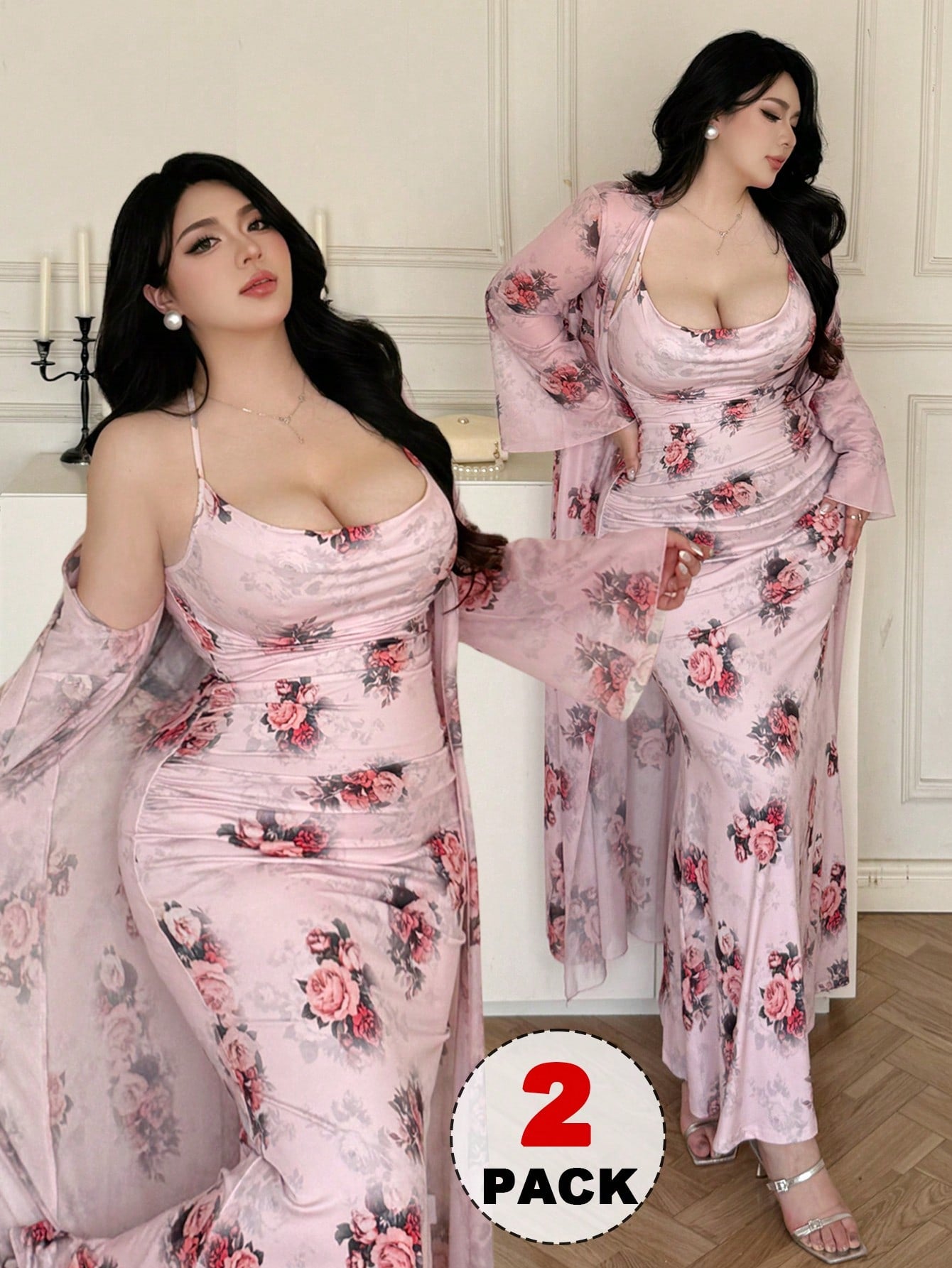Size Open Front Mesh Floral Print Long Shirt + Elegant Vintage Rose Print Maxi Skirt Sexy 2 Piece (CURVY)
