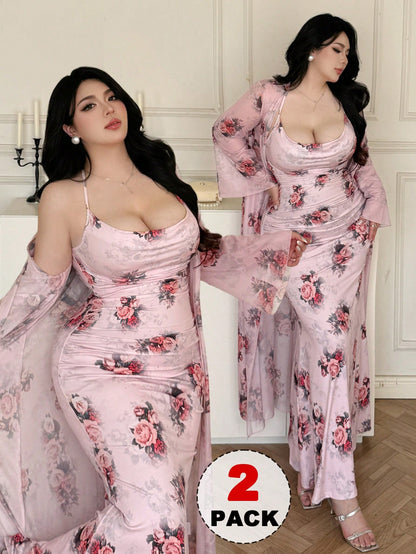 Size Open Front Mesh Floral Print Long Shirt + Elegant Vintage Rose Print Maxi Skirt Sexy 2 Piece (CURVY)