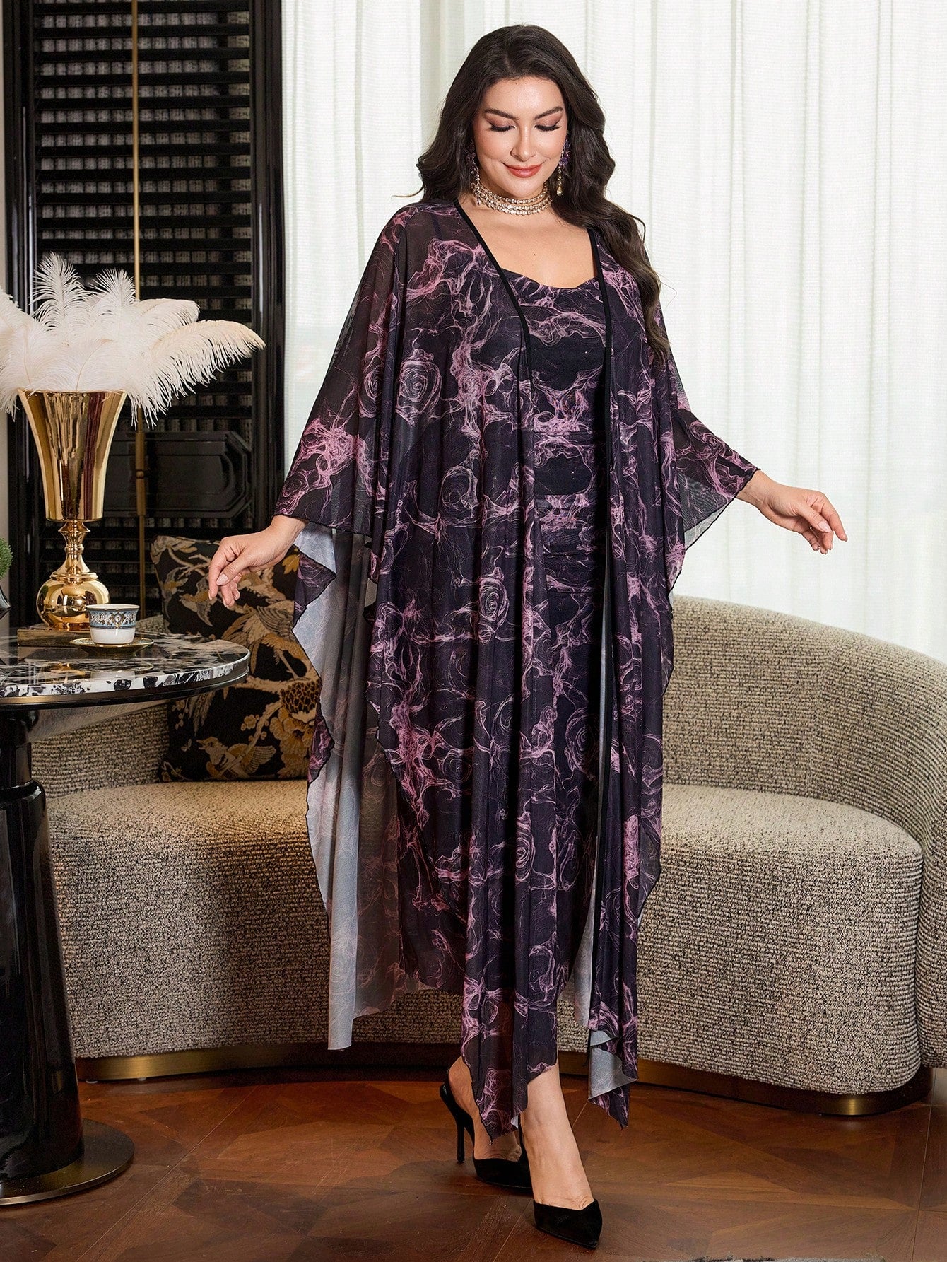 Modelyn  Women Elegant Fitted Mesh Ditsy Floral Ruched Waist 2-Piece Dress Set