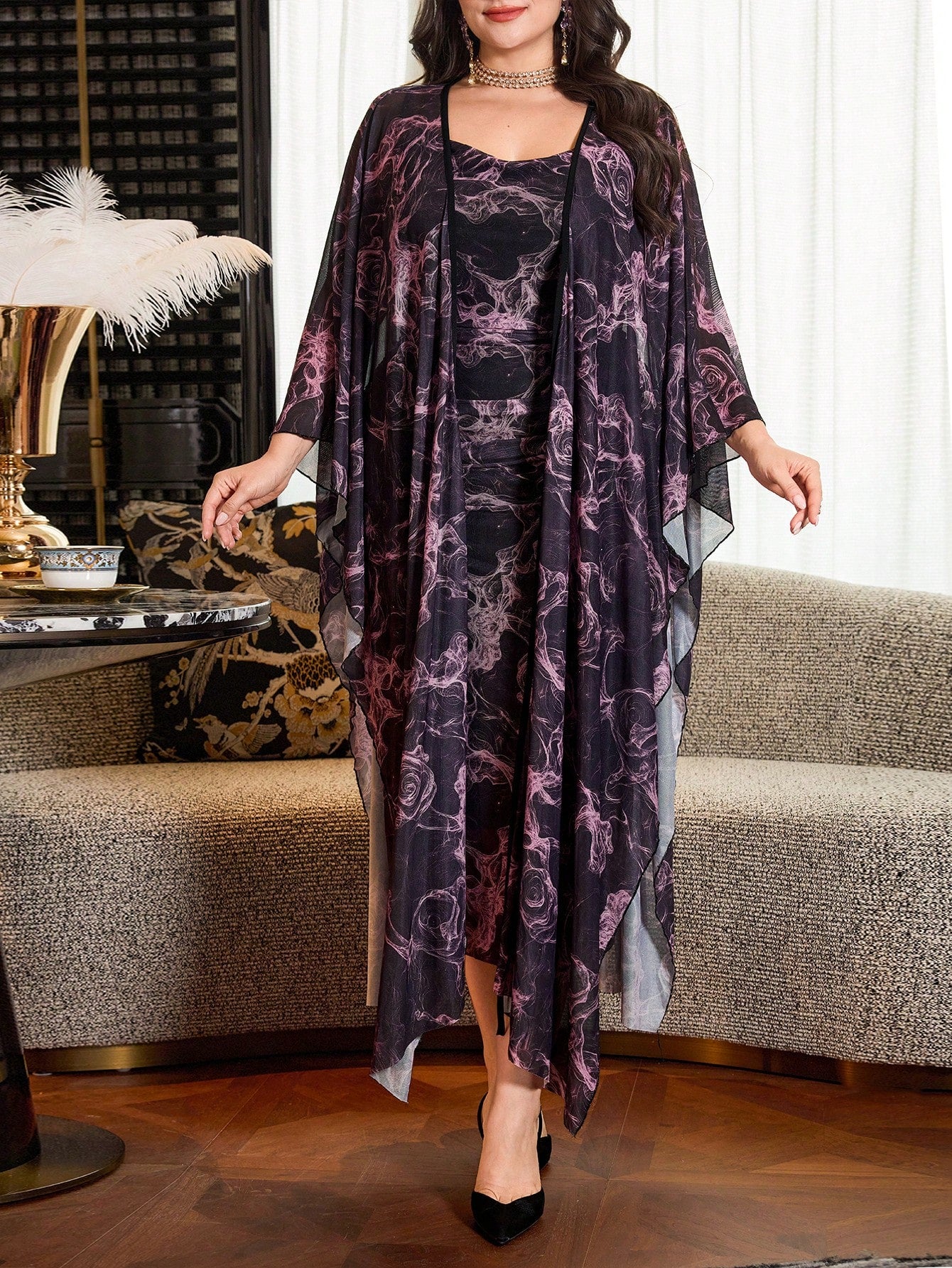 Modelyn  Women Elegant Fitted Mesh Ditsy Floral Ruched Waist 2-Piece Dress Set