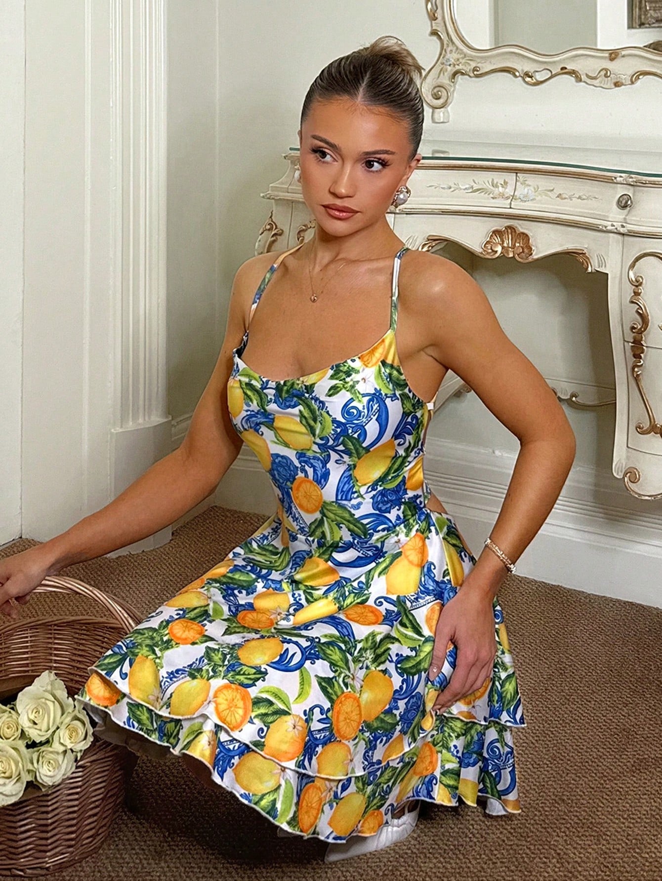 Charm Strapless Romantic Backless Lemon Floral Decor Sexy Layered Cake Style Beach Vacation Casual Elegant Ladies Summer Dress
