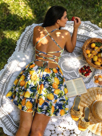 Charm Strapless Romantic Backless Lemon Floral Decor Sexy Layered Cake Style Beach Vacation Casual Elegant Ladies Summer Dress