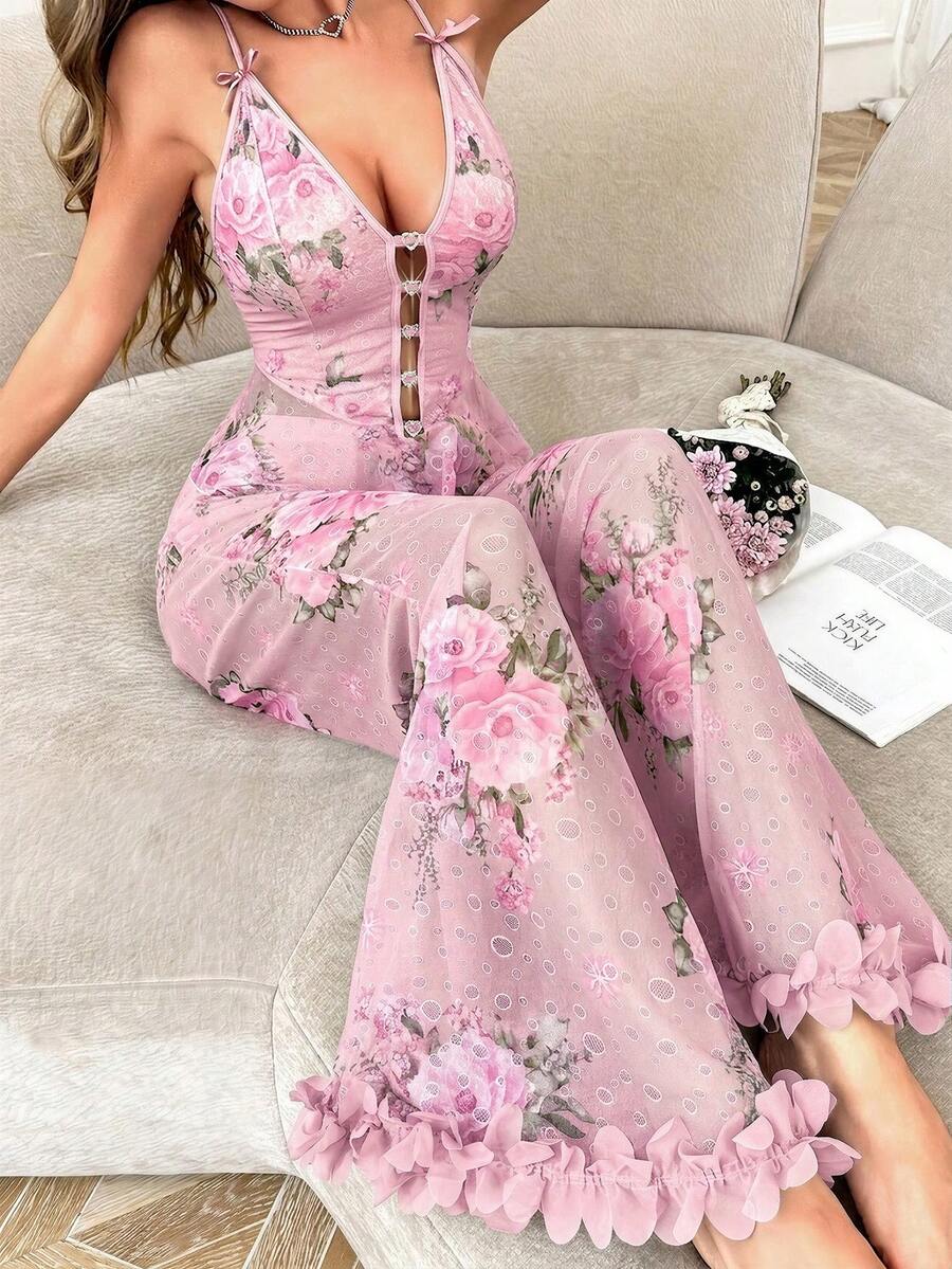 Slumberist Women's Floral Print Pleated Camisole Top And Pants Casual Loungewear Set
