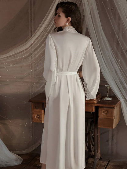 Bridal Wedding Robe For Women, One-Piece , Long Robe, Elegant Solid Color Lace Trim Robe, روب ساتان مستورد لاول ليلة