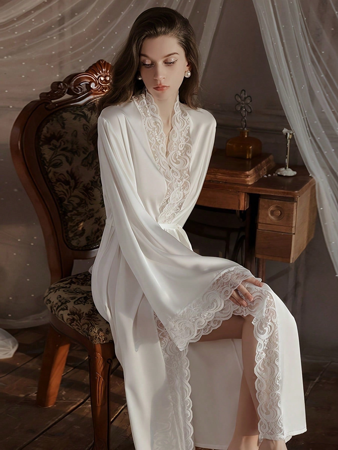 Bridal Wedding Robe For Women, One-Piece , Long Robe, Elegant Solid Color Lace Trim Robe, روب ساتان مستورد لاول ليلة