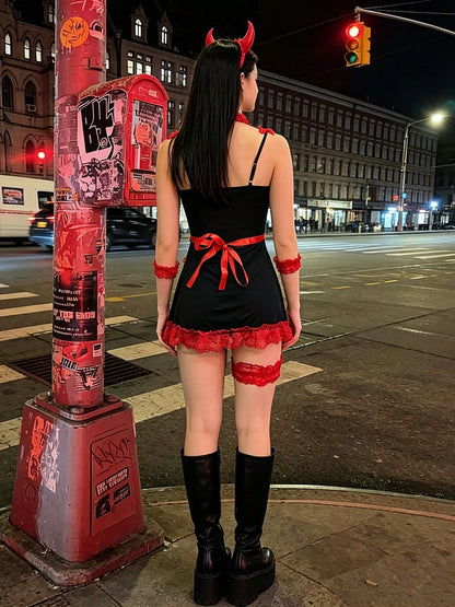 Women Maid Costume, Lace Trim Nightdress With Briefs Apron Leg Ring Bracelet Choker Sleepwear