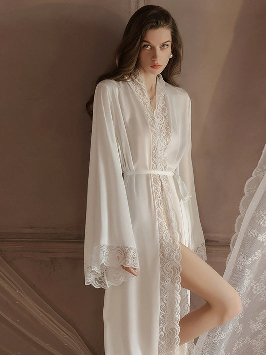 Bridal Wedding Robe For Women, One-Piece , Long Robe, Elegant Solid Color Lace Trim Robe, روب ساتان مستورد لاول ليلة
