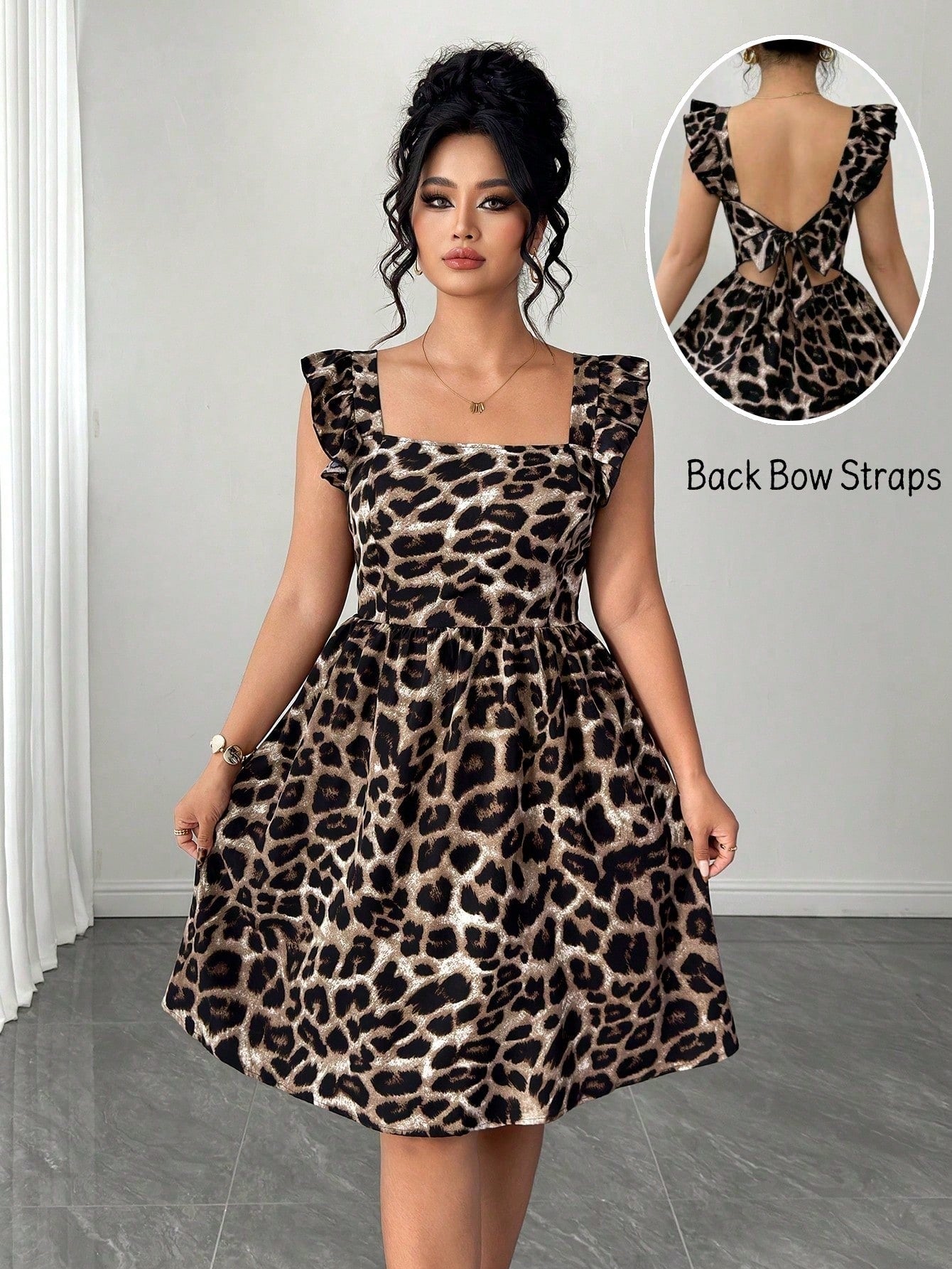 Elegant Square Neck Sleeveless Bow Tie Waist Backless Leopard Print Dress