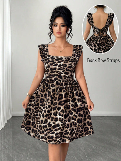 Elegant Square Neck Sleeveless Bow Tie Waist Backless Leopard Print Dress