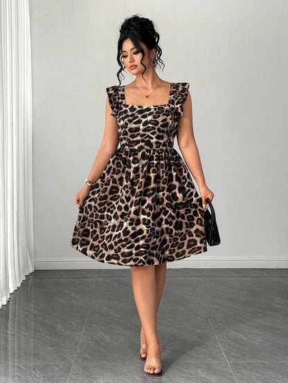 Elegant Square Neck Sleeveless Bow Tie Waist Backless Leopard Print Dress