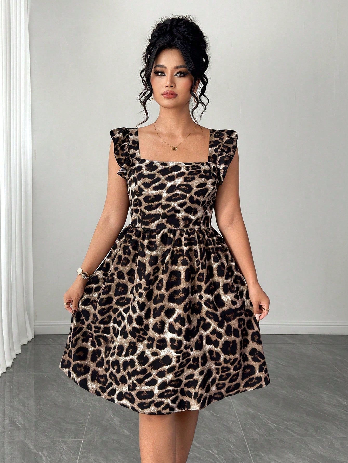 Elegant Square Neck Sleeveless Bow Tie Waist Backless Leopard Print Dress