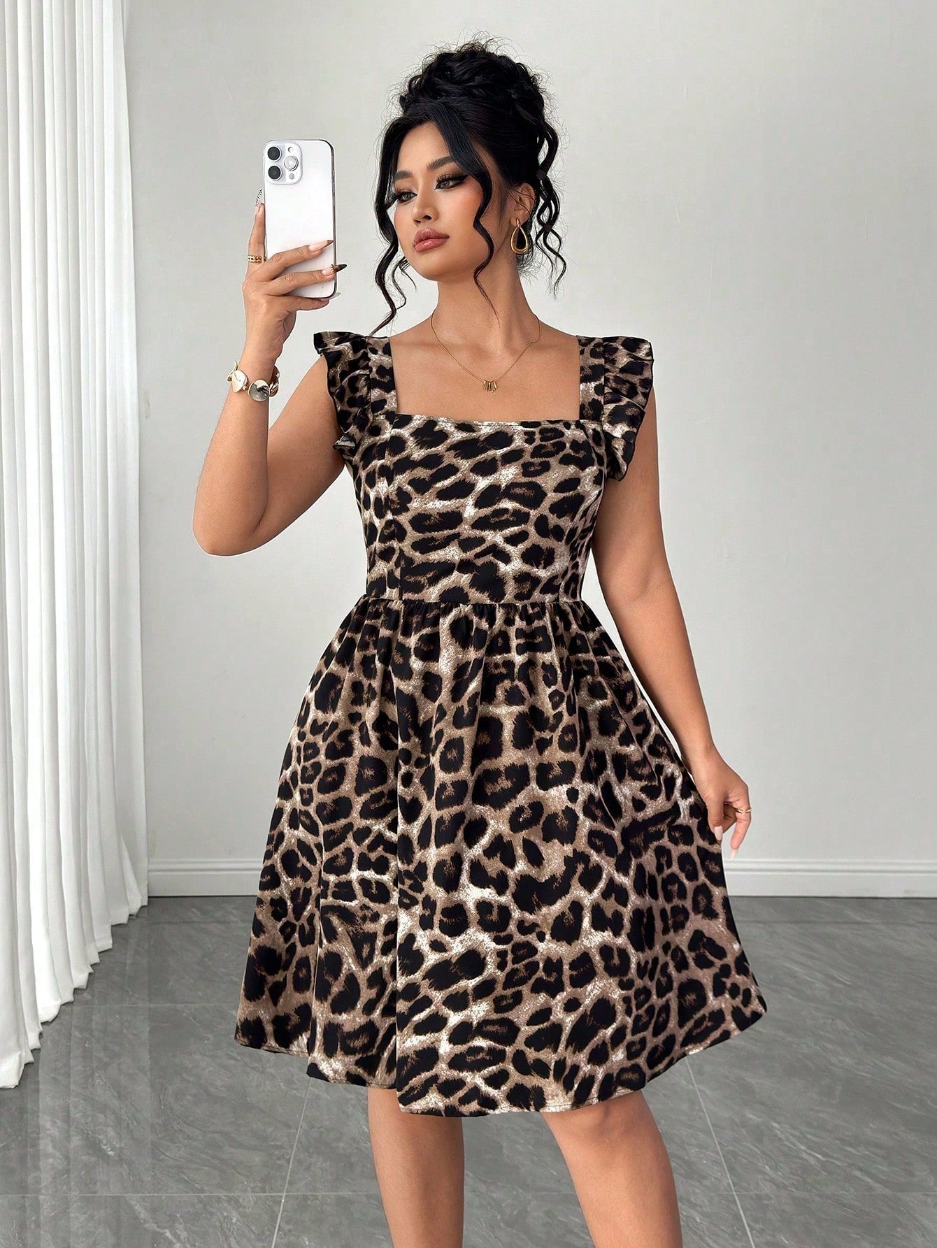 Elegant Square Neck Sleeveless Bow Tie Waist Backless Leopard Print Dress