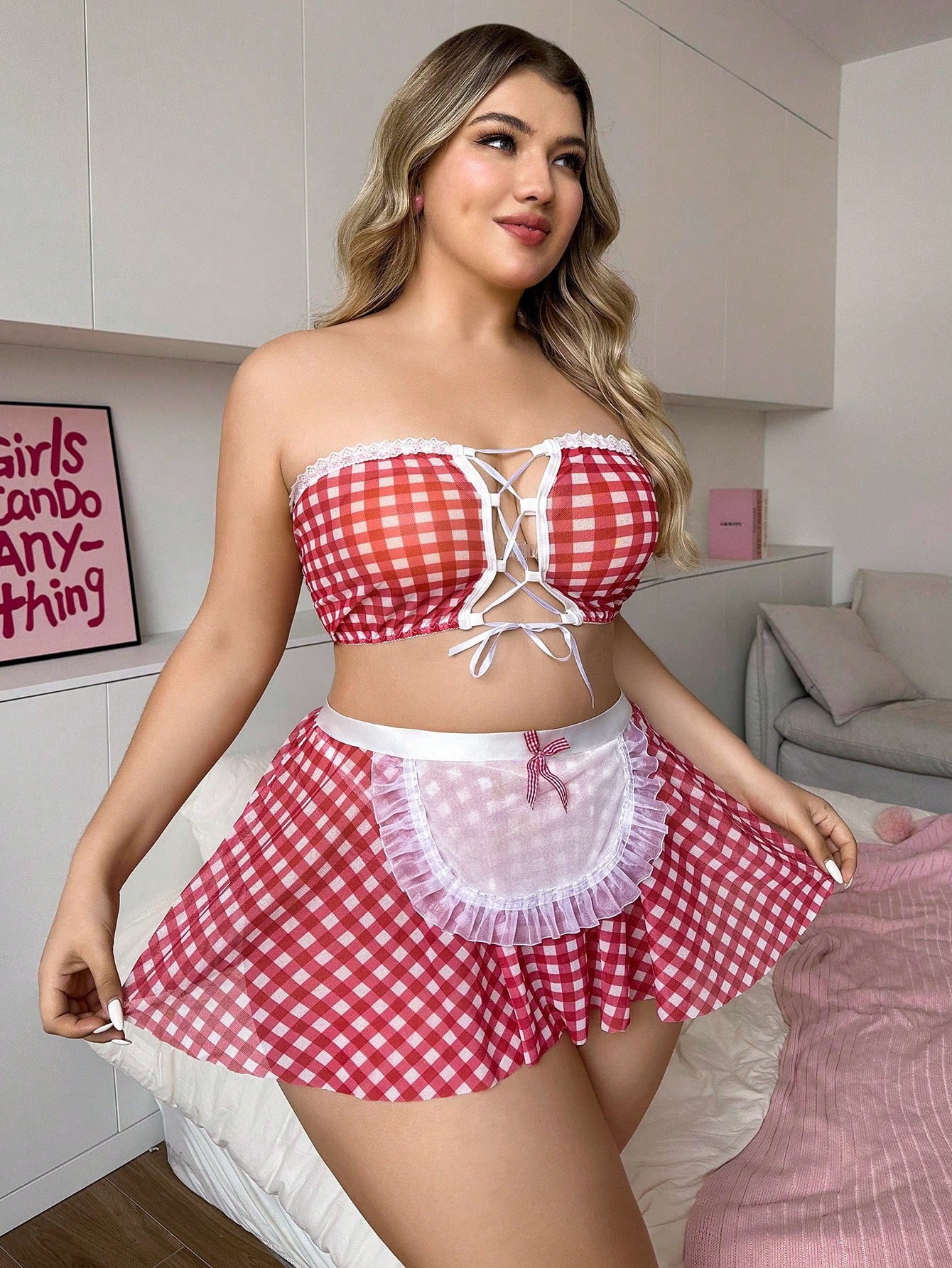 Spicy Aura Plus Size Plaid Print Bandeau Top And Mesh Patchwork Mini Skirt Lingerie Set