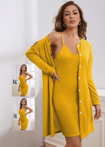 2pcs Waffle Knit Cami Top & Robe PJ Set