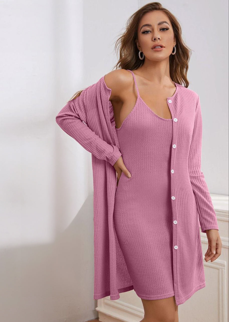 2pcs Waffle Knit Cami Top & Robe PJ Set