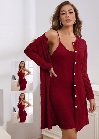 2pcs Waffle Knit Cami Top & Robe PJ Set