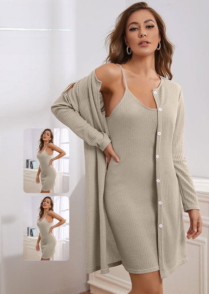 2pcs Waffle Knit Cami Top & Robe PJ Set