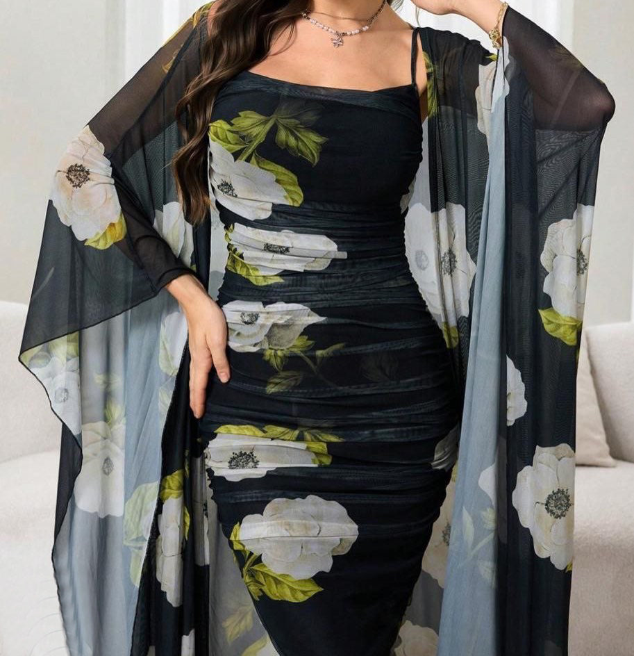 Modelyn Floral Print Cami Bodycon Dress & Open Front Coat Two Pieces 2 Pieces Set