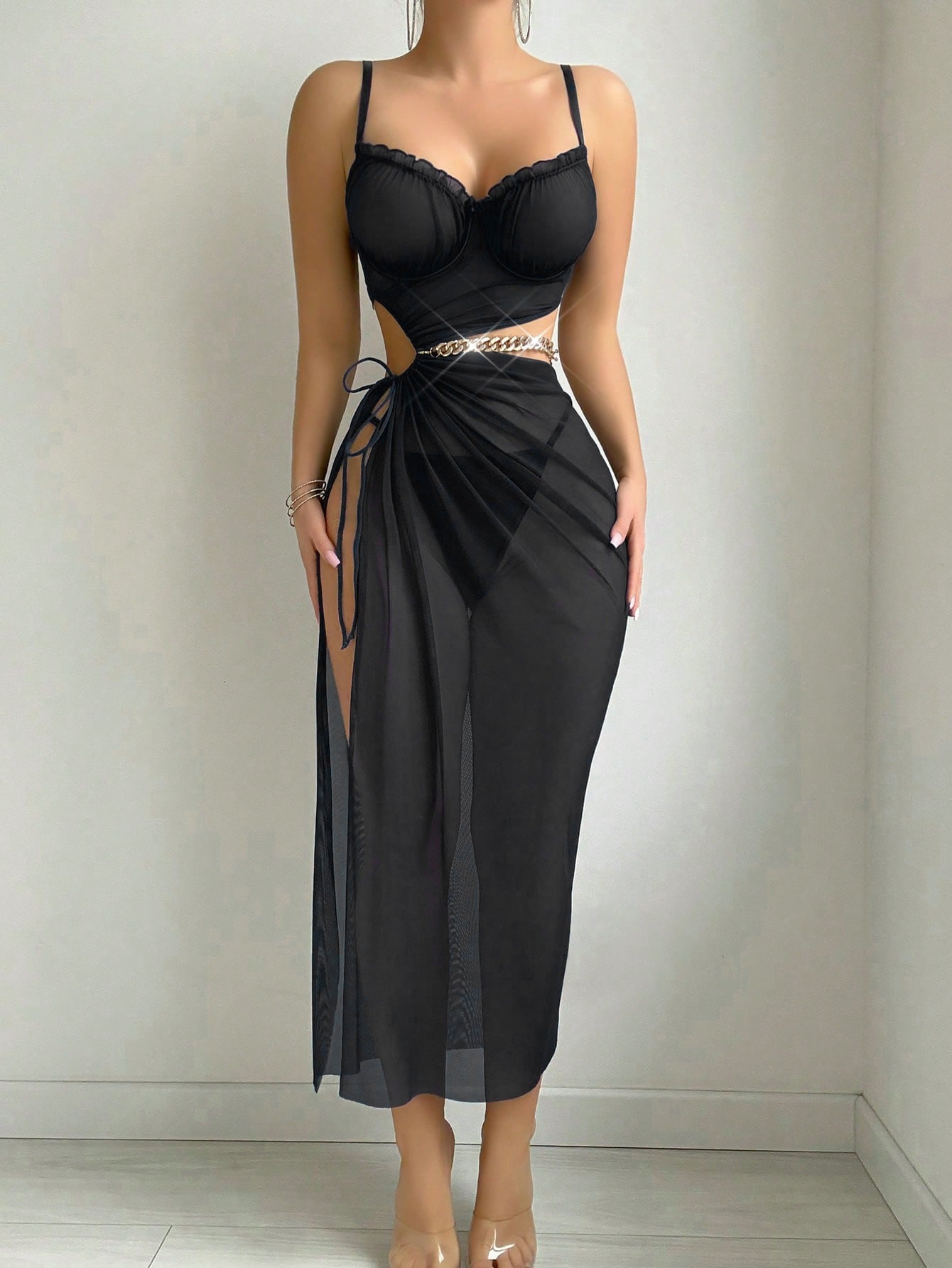 طقم 3 قطع مع سلسله حزام  3-Piece Set: Slit Hollow-Out Drawstring Waist Slimming Long Dress + Thong + Detachable Large Chain Decor Belt, Elegant Party Outfit